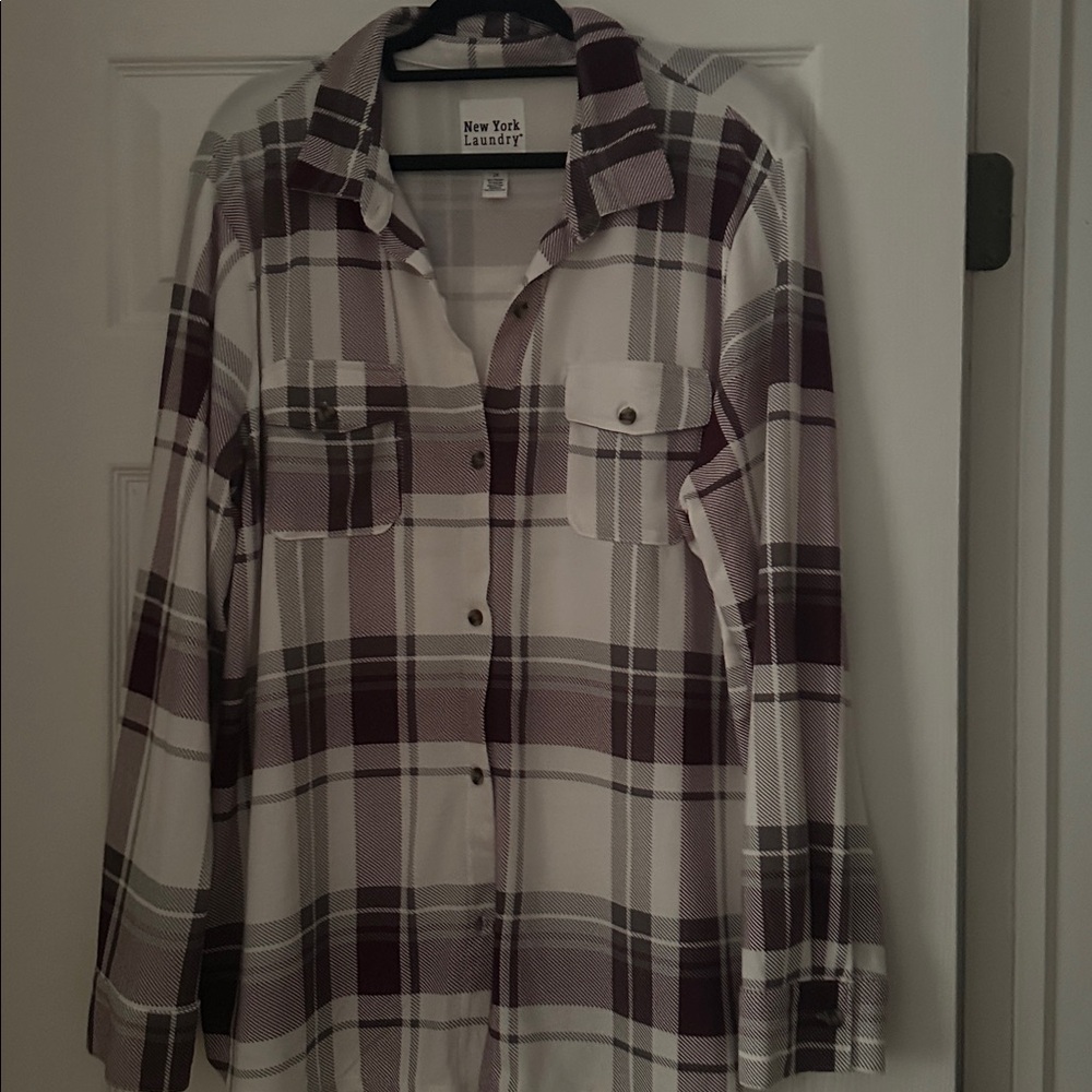 New York Laundry Purple and White Plaid Shirt